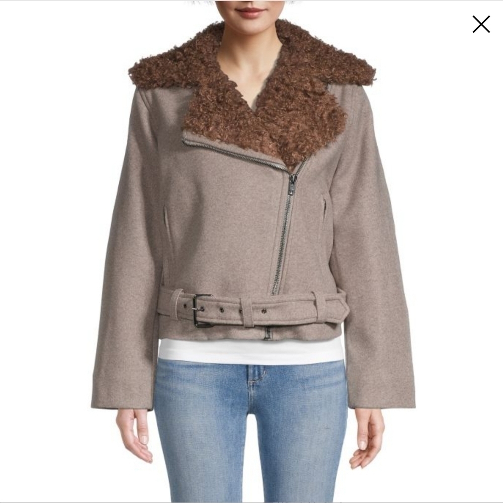 NEW YORK Sky Faux Fur-Trim Biker Jacket Size: S